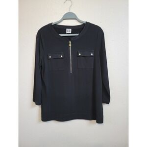 Anne Klein Womens Top Black Pullover Zip Neck 3/4 Sleeve Stretch Pocket Office M